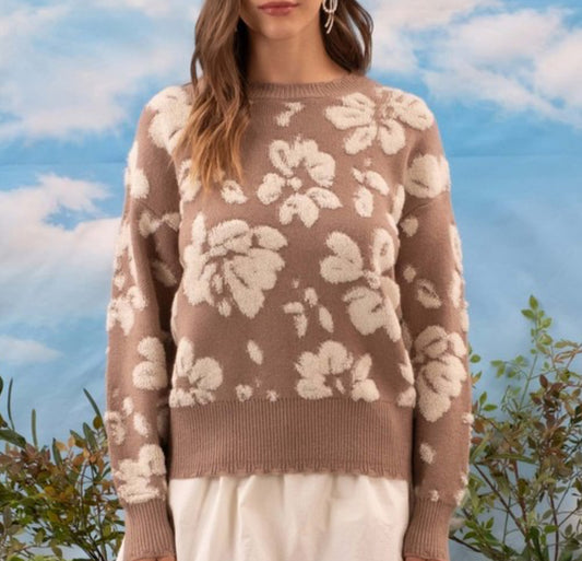 Taupe Floral Crew Neck Knit Sweater