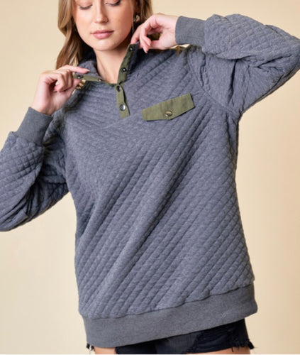 Charcoal Diamond Quilted Pull Over Top