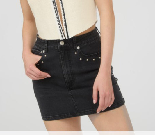 Black Denim Studded Skirt