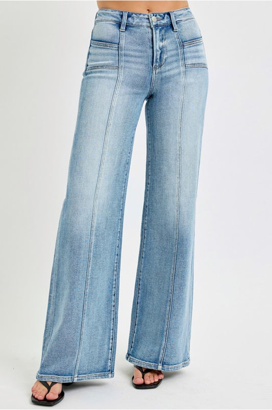 Risen Light Wash Mid Rise Wide Leg Front Patch Denim