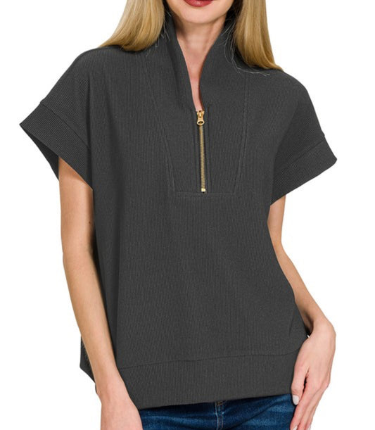 Black Ribbed High Neck Half Zip Top