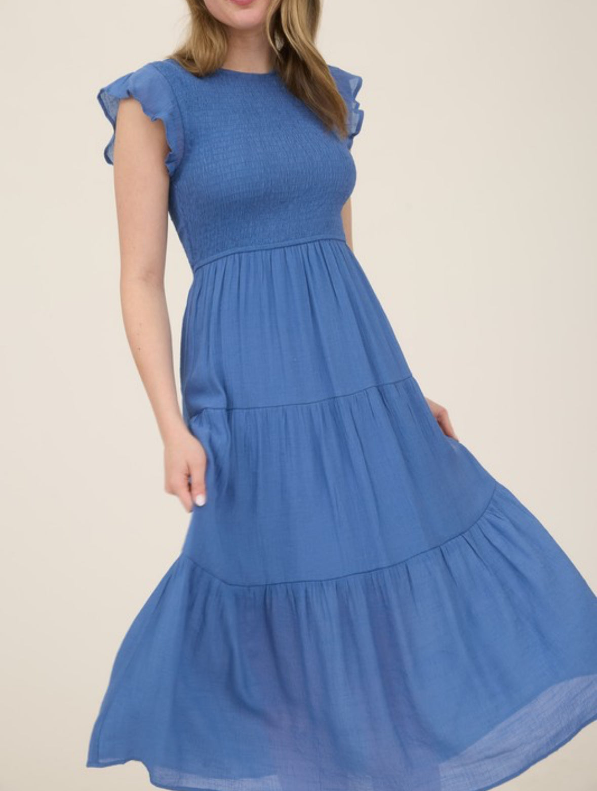 Blue Smocked Tiered Midi Dress