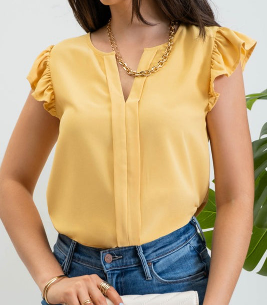 Mustard Split Neck Flutter Sleeve Top