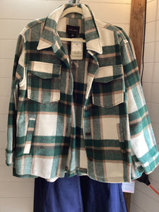 Green, White and Tan Plaid Shacket with Pockets