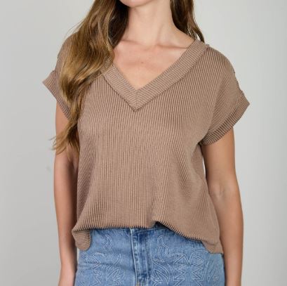 Mocha V Neck Short Sleeve Textured Rib Knit Top