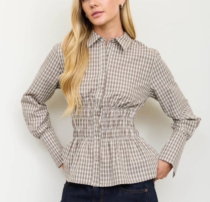 BROWN PLAID COLLARED SHIRRED WAIST LONG SLEEVE SHIRT