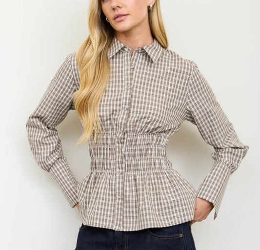 BROWN PLAID COLLARED SHIRRED WAIST LONG SLEEVE SHIRT