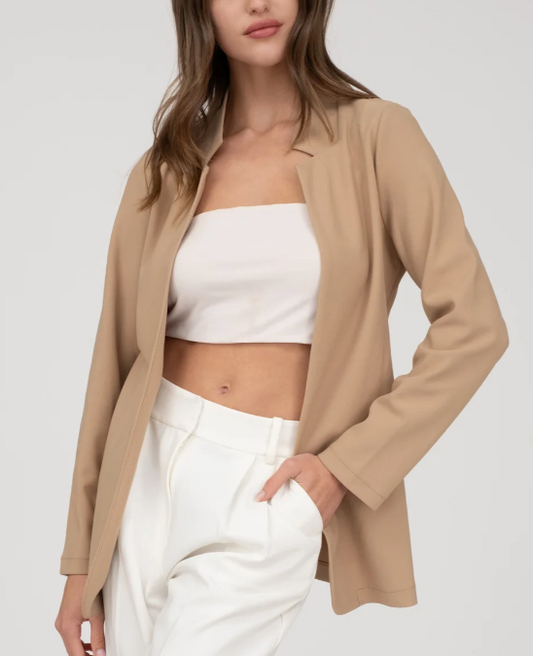 Tan Long Line Blazer with Notched Collar