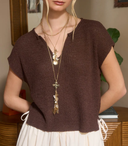 Brown Split Neck Batwing Knit Top