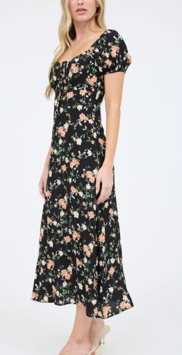 Black Floral Front Tie Midi Dress