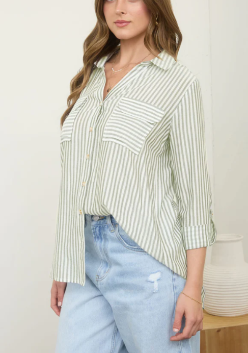 Green Stripe Collared Button Down Lightweight Shirt