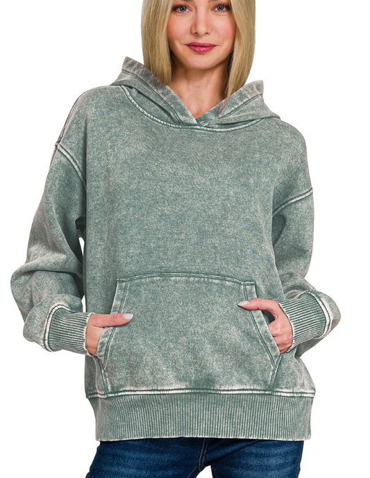 Ash Jade Fleece acid Wash Hoodie with Pocket