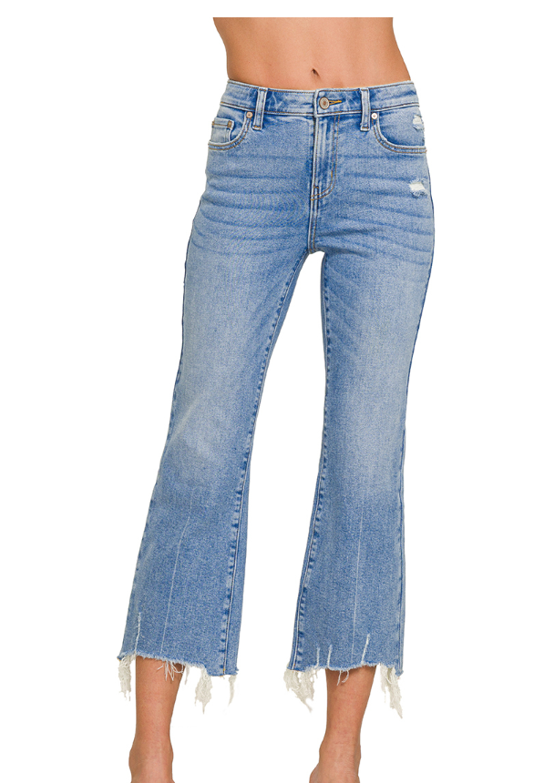 Medium Washed Kick Crop Flare Denim By Zenana