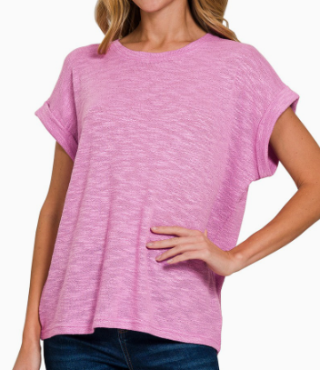 Candy Pink Hacci Rolled Sleeve Relaxed Tee