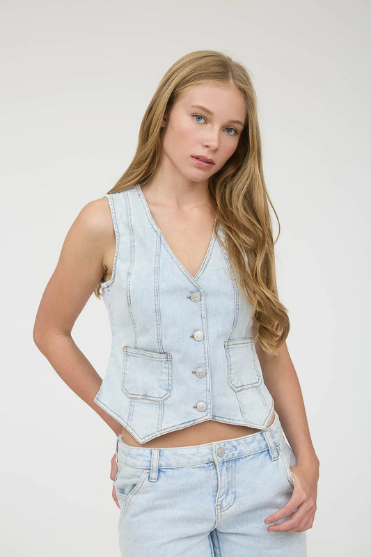 Light Wash V- Neck Denim Vest