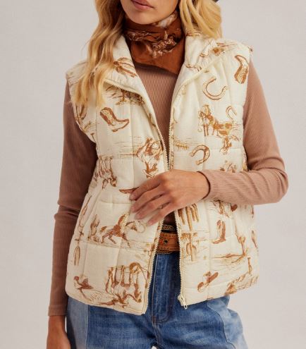 Cowboy Printed Zipper Front Puffer Vest