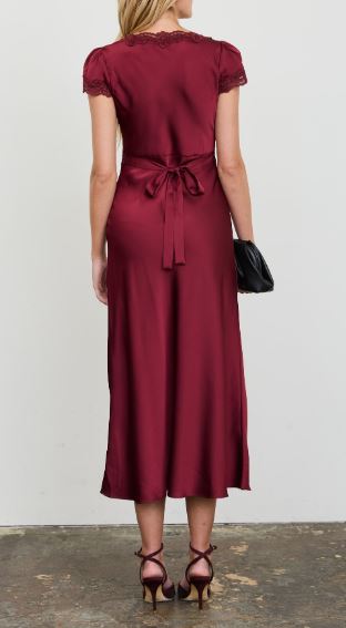 Burgundy Satin Lace Trim Puff Sleeve Midi Dress