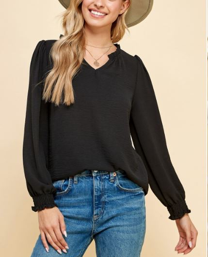 Black Long Sleeve V-Neck Blouse w/ Ruffle Collar