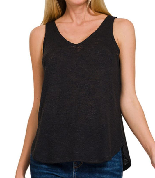 Black V neck Slub Hacci Cami Top