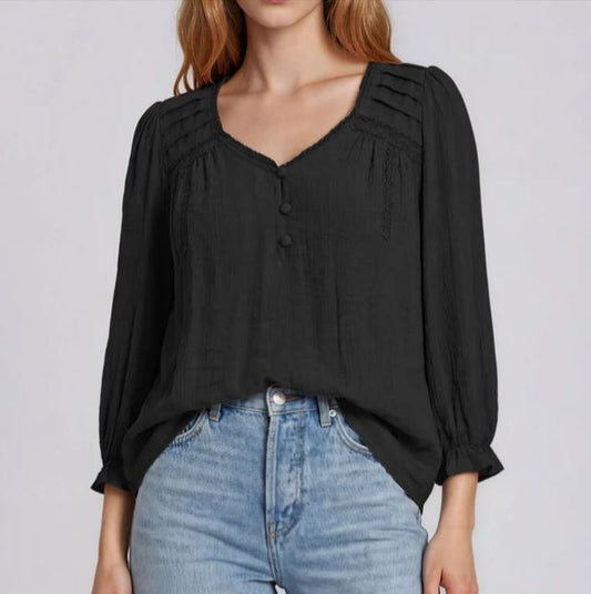 BLACK CROCHET TRIM V-NECK 3/4 SLEEVE