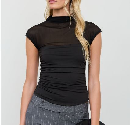 Black Sheer Yoke Mock Neck Short Sleeve Knit Top