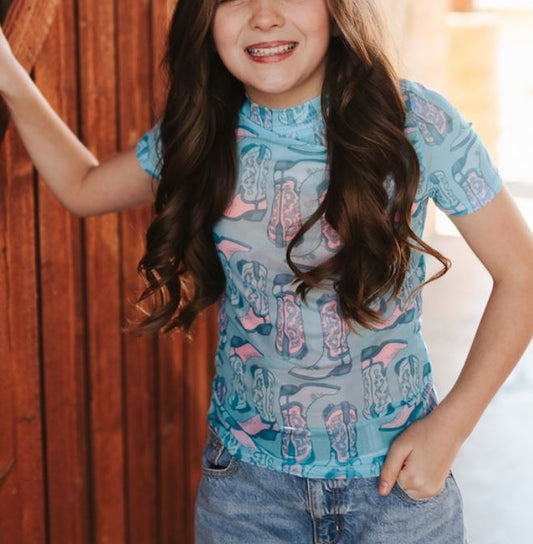 Girls Turquoise Pink Boot Printed Short Sleeve Mesh Top