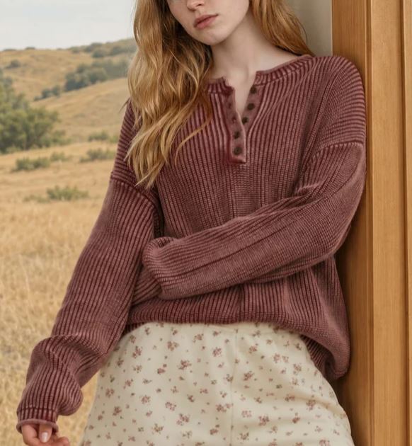 BURGUNDY WASHED RIBBED HENLEY DROP SHOULDER KNIT SWEATER