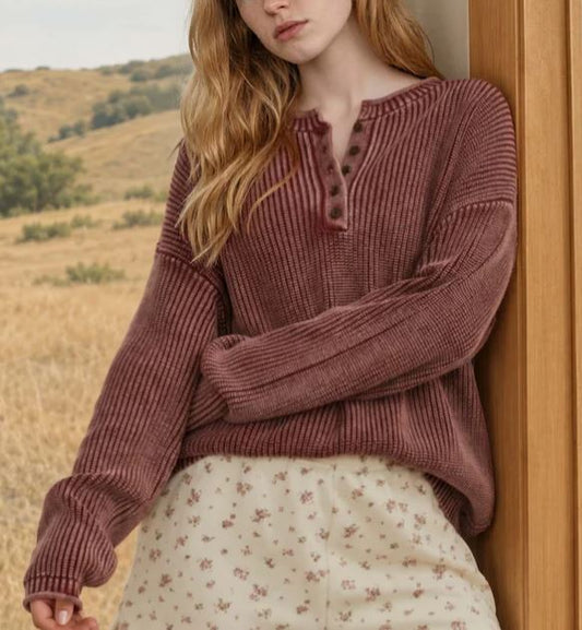 BURGUNDY WASHED RIBBED HENLEY DROP SHOULDER KNIT SWEATER