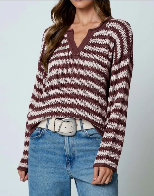BURGUNDY STRIPE RAW EDGE SPLIT NECK SHEER KNIT SWEATER