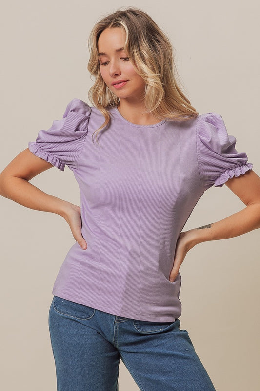 Lavendar Short Sleeve Puff Sleeve Ruffle Top