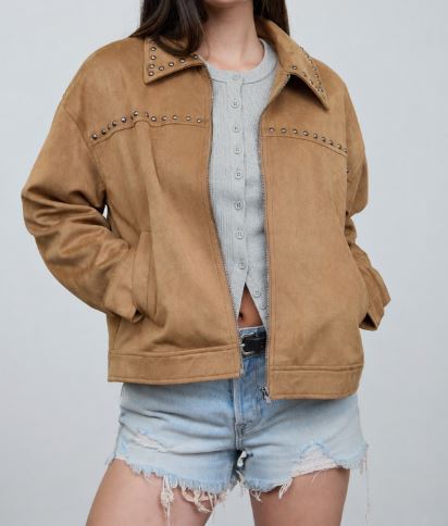 Camel Studded Collared Zip-Up Suede Jacket