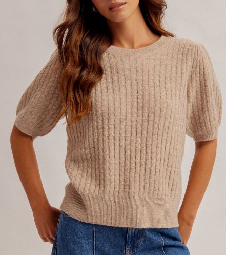 Latte Short Puff Sleeve Mini Cable Knit Sweater