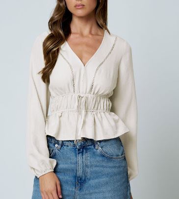 Cream Ladder Lace Trim V Neck Long Sleeve