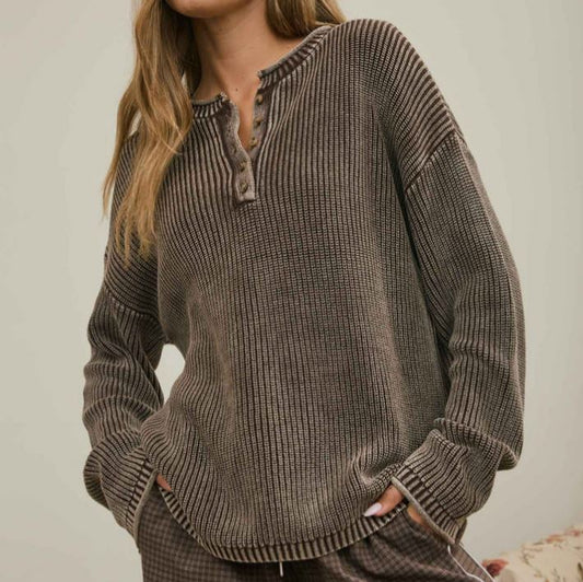 DARK BROWN WASHED RIBBED HENLEY DROP SHOULDER KNIT SWEATER