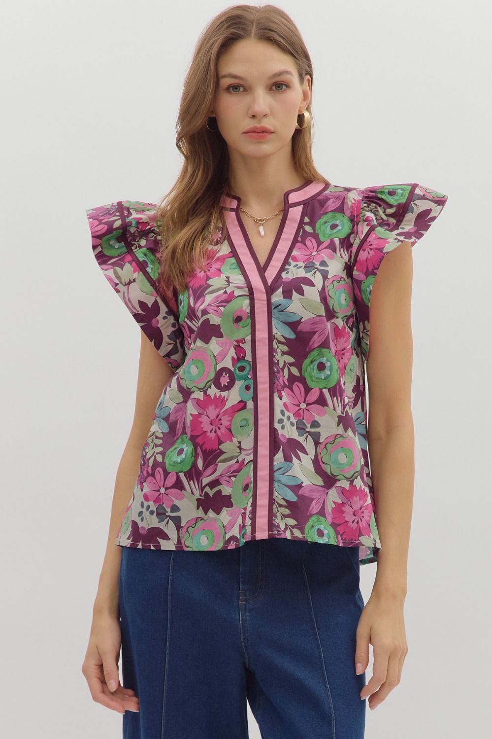 Plum Floral Flutter Sleeve Top