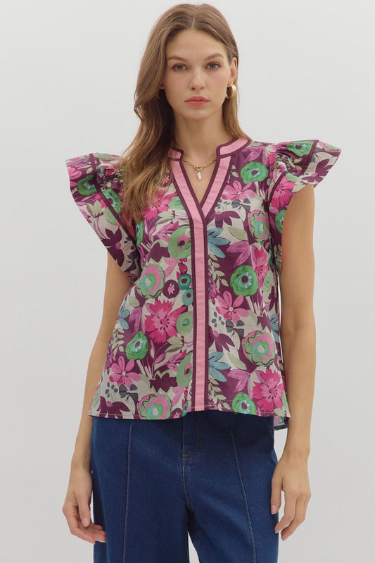Plum Floral Flutter Sleeve Top