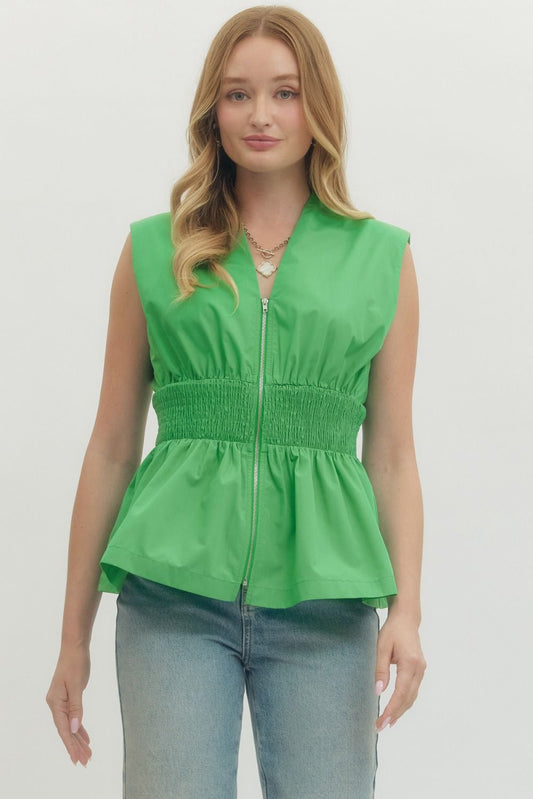 Kelly Green Sleeveless Smocked Waist Peplum Top
