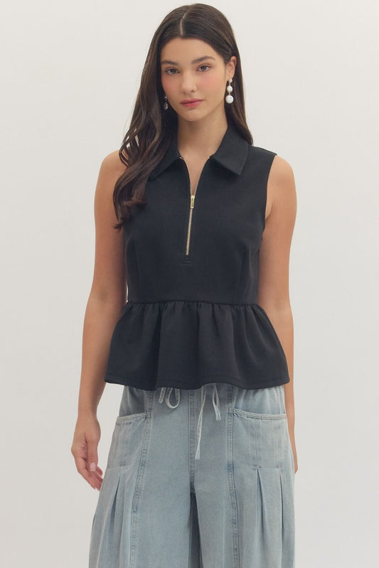 Black Peplum Collard Zip Top