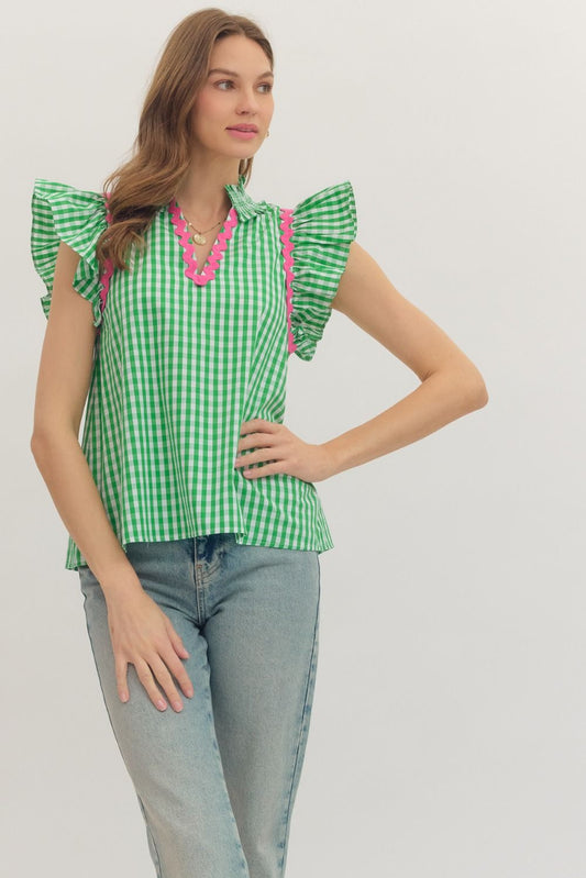 Green Check Flutter Sleeve Blouse with Pink Accent