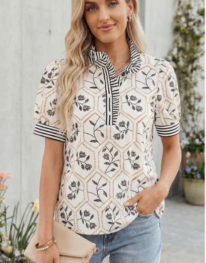 Floral Button Neck Ruffle Blouse