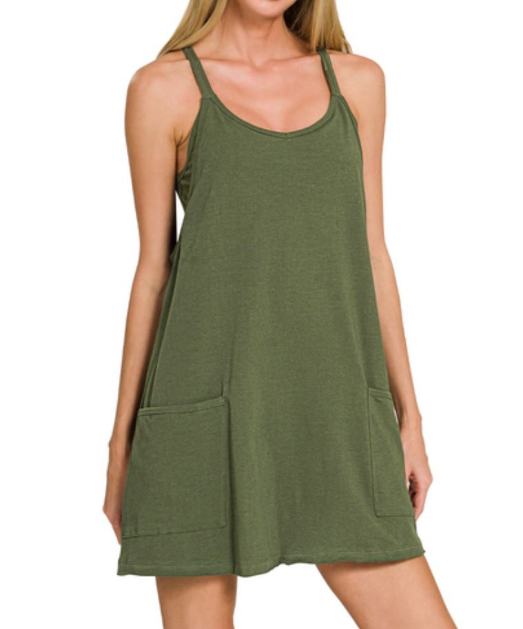 Olive Green Cotton Lined Dress with Pockets