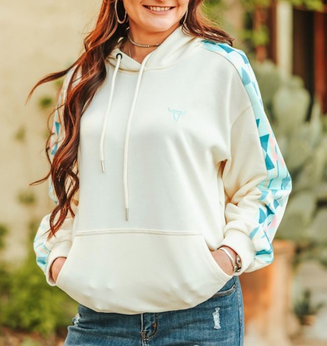 Cream Hoodie w/ Turquoise Aztec Side