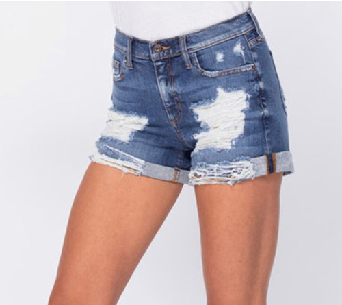 Mid Rise Tomboy Distressed Cuffed Shorts