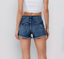 Load image into Gallery viewer, Mid Rise Medium Wash Shorts w/ Distressed Hem