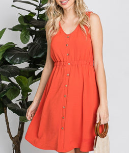 Coral Red Sleeveless Midi Dress with Button Down Front