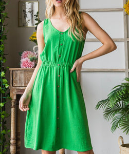 Kelly Green Sleeveless Midi Dress with Button Down Front