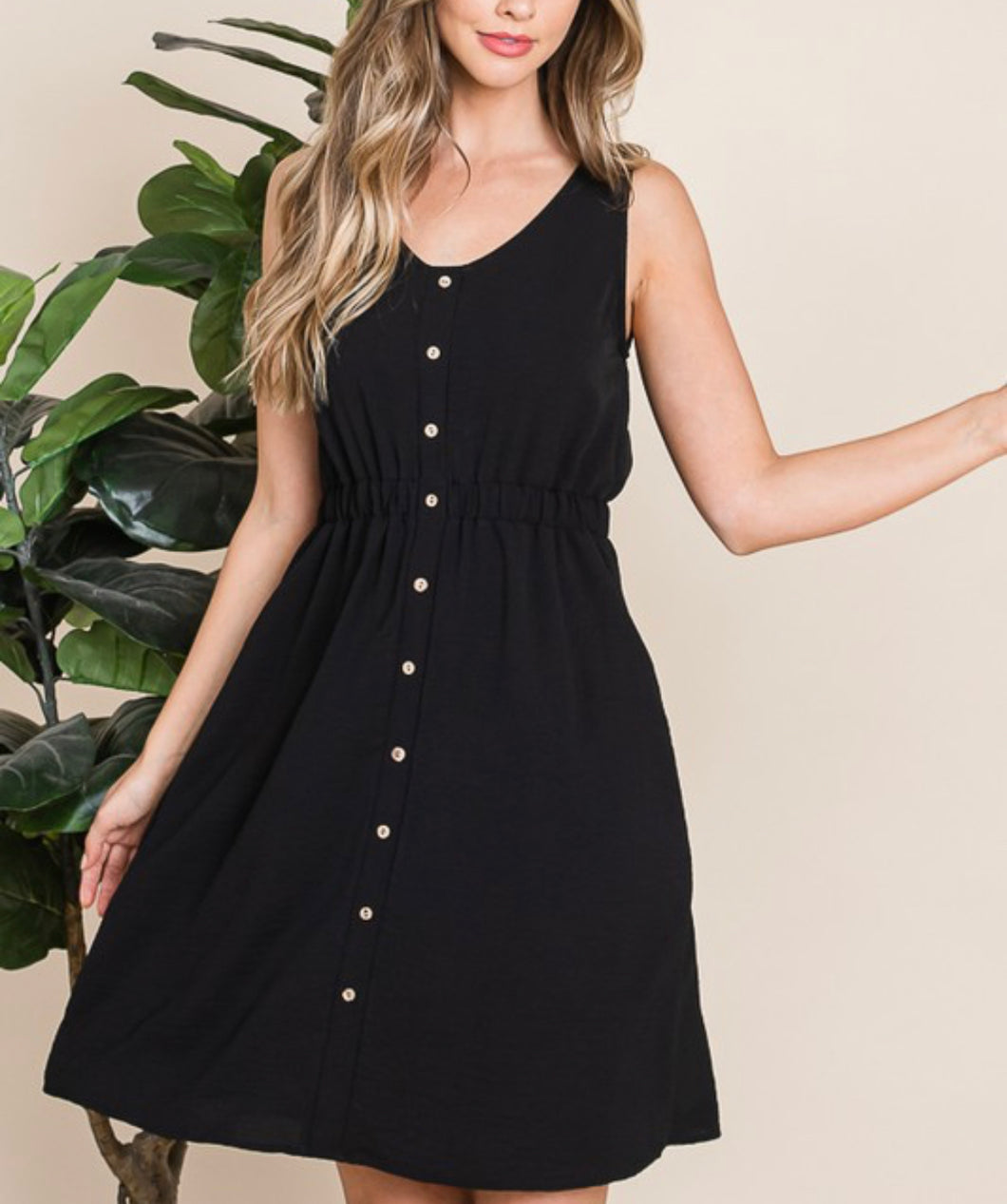 Black Sleeveless Midi Dress with Button Down Front