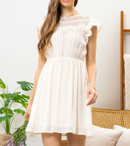 Cream Lace Ruffle Sleeve Dress