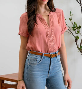 Apricot V-Neck Lace Detail Short Sleeve Top