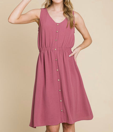 Pink Sleeveless Midi Dress with Button Down Front